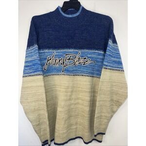 Johnny Blaze Men's Sweater Size XL Embroidered Logo Blue/Tan